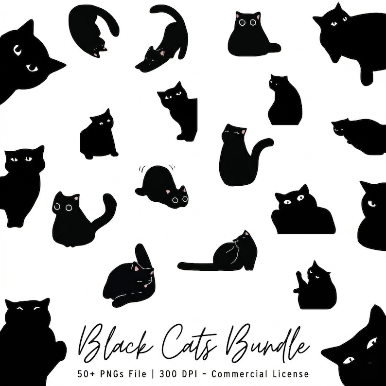 Black Cat PNG Bundle Sublimation, 51 Silhouette Clipart, Halloween Cat SVG, Cricut T-Shirt POD Design, Commercial Use Digital Download image 1