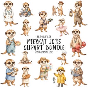 May include: A digital collection of 86 PNG files titled Meerkat Jobs Clipart Bundle Commercial Use, featuring various meerkats dressed in professional attire including a doctor, mechanic, artist, sushi chef, ballerina, lifeguard, and gardener.