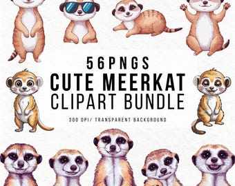 Meerkat Clipart PNG Bundle, 56 Watercolor Safari Animals, Nursery Decor Sublimation, Kids Room Wall Art, POD Commercial Use Digital Download