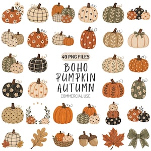 Könnte beinhalten: Eine Sammlung digitaler Illustrationen mit Kürbissen in verschiedenen Mustern wie Blumen, Herzen, Streifen und Karos in Orange, Grün, Creme und Schwarz. Der Text lautet 40 PNG FILES BOHO PUMPKIN AUTUMN COMMERCIAL USE. Enthält Blätter, Eicheln und eine Schleife.