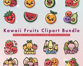 Kawaii Fruits Clipart: Summer Watercolor Stickers (PNG Digital Download)