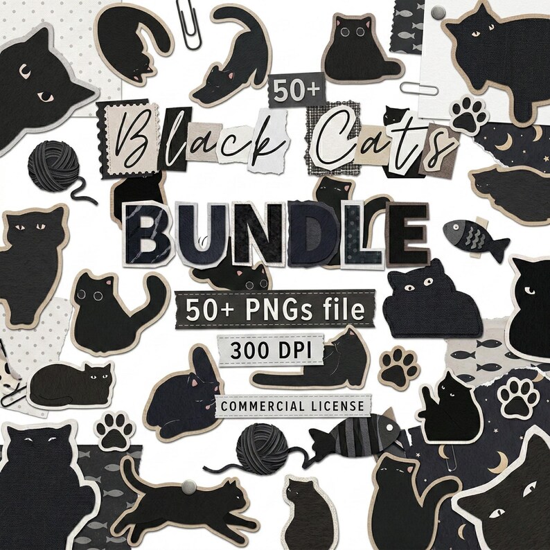 Black Cat PNG Bundle Sublimation, 51 Silhouette Clipart, Halloween Cat SVG, Cricut T-Shirt POD Design, Commercial Use Digital Download image 8