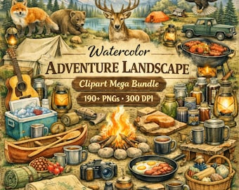 Watercolor Camping Clipart PNG Bundle, 194 Adventure Wilderness Sublimation Designs, Campfire Forest Wildlife, POD T-Shirt Commercial Use