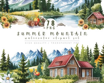 Summer Mountain Watercolor Clipart Set, Cabin, Pine Tree, Lake Graphics (Digital Download)