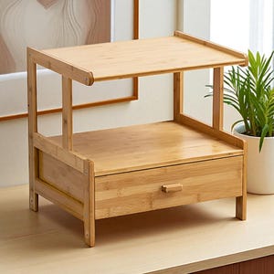 Bamboo Printer Stand with Wheels – Mobile Storage Shelf, Rolling Rack Cart for Office Desk or Home, 2–3 Tier Organizer