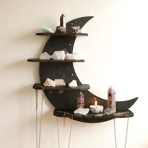 Black Moon Wall Shelf – 4-Tier Gothic Floating Shelf for Crystals, Oils & Decor – 30/39cm Wood Display Rack
