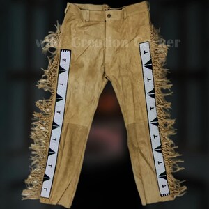 Men's Buckskin Suede Leather Pants: Beaded Fringe Cowboy Rodeo Outfit
