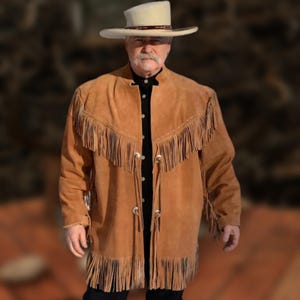 Classic Men Suede Fringe Frontier Coat | Western Mountain Man Style Jacket | Native-Inspired Old West Outfit | Cowboy Leather Coat | Gift
