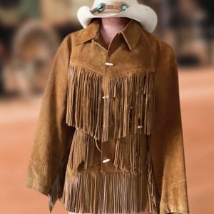 Giacca con frange in pelle scamosciata marrone anni '70: capospalla boho da cowgirl western fatto a mano