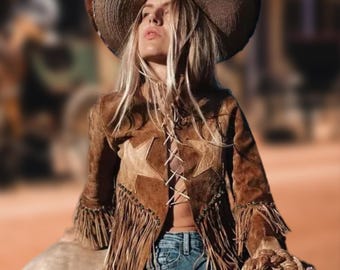 Veste cow-girl en daim à franges faite main : manteau à pampilles et perles à étoiles occidentales