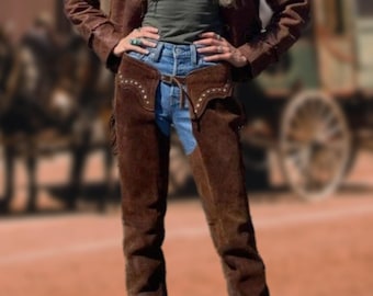 Vintage Cowgirl Wildleder Fransen Chaps : Handgefertigte Nietenbesatz Western Wear