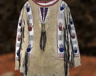 Handmade Suede Leather Fringe War Shirt: Beaded Powwow Regalia