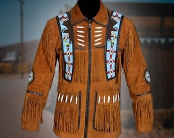 Handmade Sioux Beaded Suede Fringe Jacket: Men's Western Cowboy Coat
