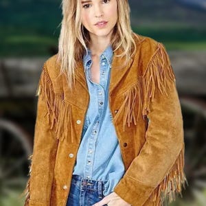 Veste en cuir de cow-girl à franges western - Style BOHO fait main, daim véritable, d'inspiration vintage, cadeau parfait pour elle