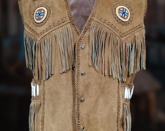 Handmade Suede Leather Fringe Vest: Western Beaded Cowboy Waistcoat
