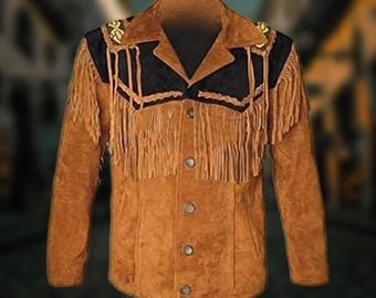 Handmade Sioux Beaded Suede Fringe Jacket: Men's Western Cowboy Coat