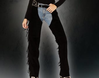 Handgefertigte Wildleder Cowgirl Chaps mit Fransen: Western Rodeo Zahnrad