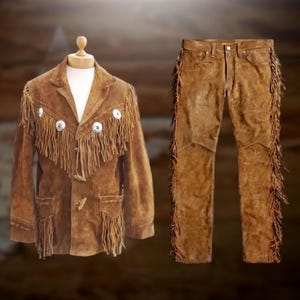 Cowboy Leather Jacket & Pants, Traditional Western Wear Suede Fringe Suit, Mountain Man Rendezvous Clothing | Old West Style Outfit, Gift