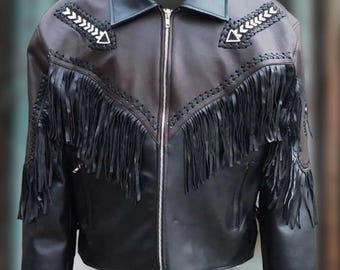 ウエスタンカウボーイ バイカー レザージャケット フリンジ ビーズ 黒 ウエスタン レザー フリンジ ジャケット（ブラック）/Western Leather