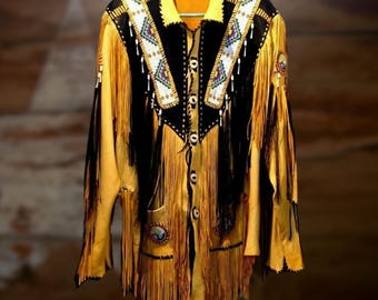 Handmade Beaded Leather Fringe Jacket: Plains Indian Style Western Coat
