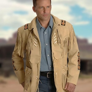 Men's Western Suede Fringe Jacket with Beaded, Native-Inspired Rustic Coat, Southwest Cowboy Traditional Style – Old West Gift for Him