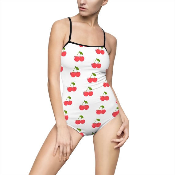 Cherry Print One-piece Swimsuit, Cute Bathing Suit, Trendy