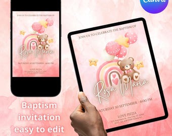 INVITACIÓN DE BAUTISMO - Invitación digital, perfecta para WhatsApp, editable con Canva en segundos. Plantillas de bautizo de Canva, descarga instantánea.