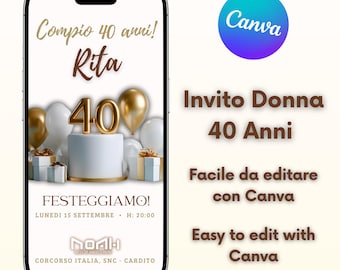 Invitación de cumpleaños número 40 para mujer. Invitación digital, imprimible, para WhatsApp, plantilla editable de Canva, elegante invitación para mujer.