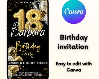 Plantilla editable de invitación para el 18 cumpleaños | Invitación Canva en negro y dorado | Descarga digital moderna | Acceso inmediato