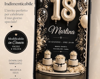 Invitación digital elegante en negro y dorado para cumpleaños número 18 en Canva, editable, plantilla para cumpleaños número 18, descarga instantánea, invitación para cumpleaños número 18