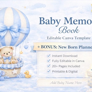 Può includere: Un modello di libro dei ricordi per bambini con una mongolfiera blu e bianca, un orsacchiotto e una confezione regalo. Il testo recita "Baby Memory Book" e "New Born Planner". Include un elefante blu, un'anatra e dei blocchi.