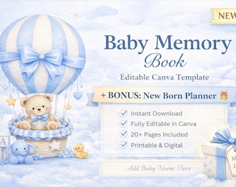 Baby Memory Book Printable, Baby Journal PDF, Baby Milestone Book, Editable Canva Template, Baby Shower Gift, Pink & Blue Versions Included