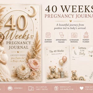 Può includere: Un diario di gravidanza di 40 settimane con rilegatura a spirale, raffigurante una persona incinta in abito color crema, decorazioni floreali e testo dorato. Include pagine interne con orsetti, un calendario e sezioni per lettere al bebè.