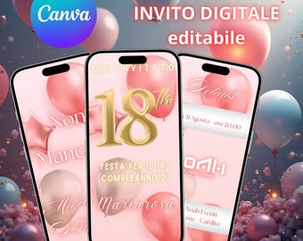 Invitación de cumpleaños número 18 - Invitación digital, invitación en video, fiesta de cumpleaños número 18, invitación rosa, WhatsApp, plantilla editable de Canva