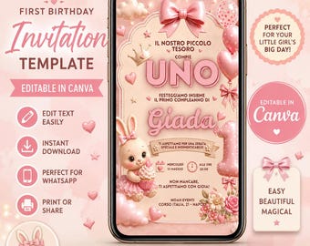 Invitación de cumpleaños para niña con conejita rosa. Editable con Canva. Plantilla de Canva para el primer cumpleaños, editable en segundos.