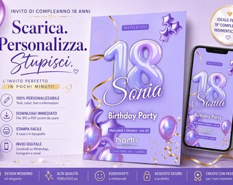 Invitación de cumpleaños número 18, plantilla de Canva para descarga instantánea