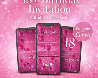 INVITACIÓN DE CUMPLEAÑOS PARA CHICA. Invitación digital en video para un cumpleaños de 18 años, invitación editable para Canva. Descarga instantánea. Invitación editable.