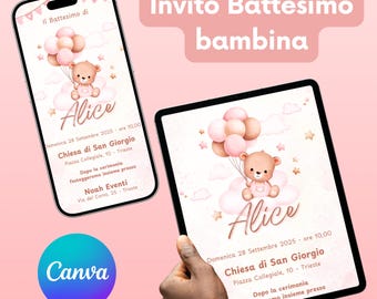 BAPTISM INVITATION for a girl - Digital baptism invitation, printable invitation, WhatsApp, editable CANVA template, baptism for a girl