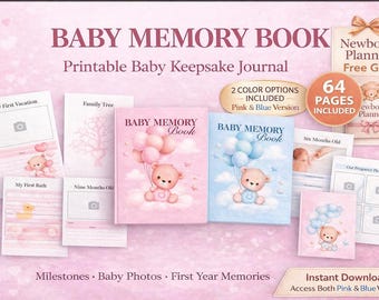 Libro de recuerdos para bebé imprimible, diario para bebé en PDF, libro de hitos para bebé, plantilla editable de Canva, regalo para baby shower, versiones en rosa y azul incluidas.