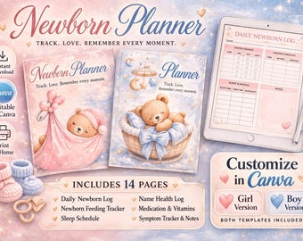 Planificador para recién nacidos editable en Canva, registro de bebé imprimible en PDF, organizador para mamás primerizas, registro de alimentación y sueño, diario para bebé niño/niña, descarga instantánea.