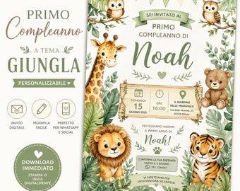 Invitación de primer cumpleaños para niño con temática de la jungla | Plantilla editable de Canva | Invitación verde salvia para bebé safari