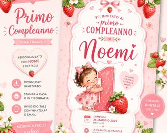 Invitación de cumpleaños para niña. Invitación digital editable en Canva. Plantilla de invitación de primer cumpleaños con temática de fresas en Canva.