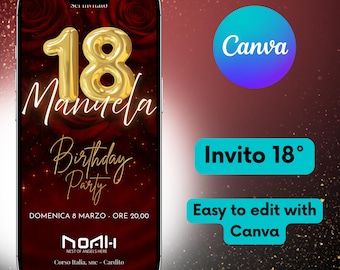 Invitación de cumpleaños número 18 con rosas rojas - Invitación digital para WhatsApp, fiesta de cumpleaños número 18, invitación roja, plantilla editable de Canva