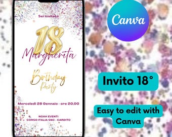 Invitación de 18 años para niña. Invitación de cumpleaños editable con Canva, fácil de editar. Invitación elegante y femenina, plantilla digital de Canva.