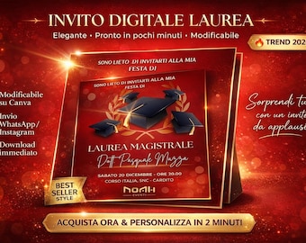 Invitación de graduación digital editable en Canva | Invitación de graduación en rojo y dorado | Invitación de graduación elegante y personalizable | Descarga instantánea