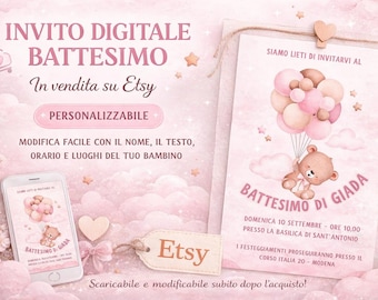 INVITACIÓN DE BAUTISMO - Invitación digital de bautismo, invitación imprimible, WhatsApp, plantilla editable de CANVA, bautismo femenino