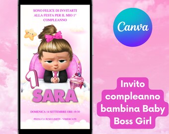 BABY GIRL BIRTHDAY INVITATION - Digital birthday invitation, printable invitation, WhatsApp, editable Canva template, Baby Boss Girl theme