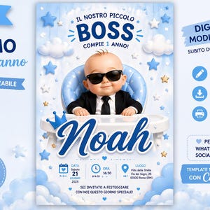 Può includere: Modello digitale di invito per il primo compleanno, blu e bianco. Il design presenta un bambino con occhiali da sole e completo, con il nome "Noah". Personalizzabile e perfetto per la condivisione digitale.