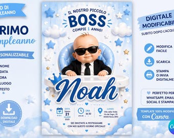 Invitación de cumpleaños para niño de Baby Boss Blue | Invitación de cumpleaños editable en Canva para niño | Invitación digital en PDF. Plantilla de Canva.