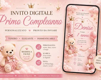 Invitación de cumpleaños para niña. Editable con Canva, invitación infantil, plantilla de Canva. Invitación con osito de peluche.